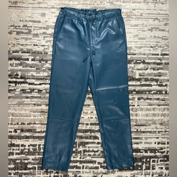 EDC Teal Blue Highrise Vegan Leather Jogger Pants  Elastic Waistband Size 6 - Picture 6 of 17